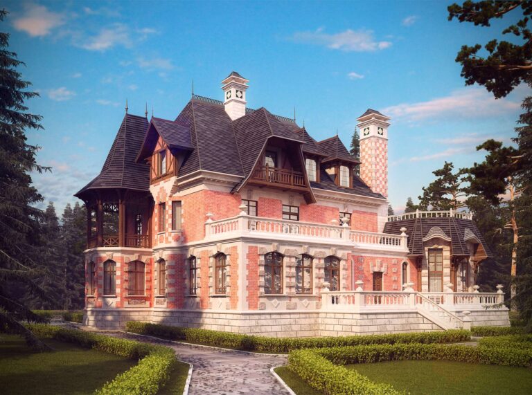 Призматический эркер и открытая терраса в левом фасаде