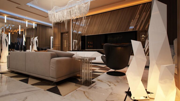 Зеркала и глянцевые деревянные панели в интерьере гостиной