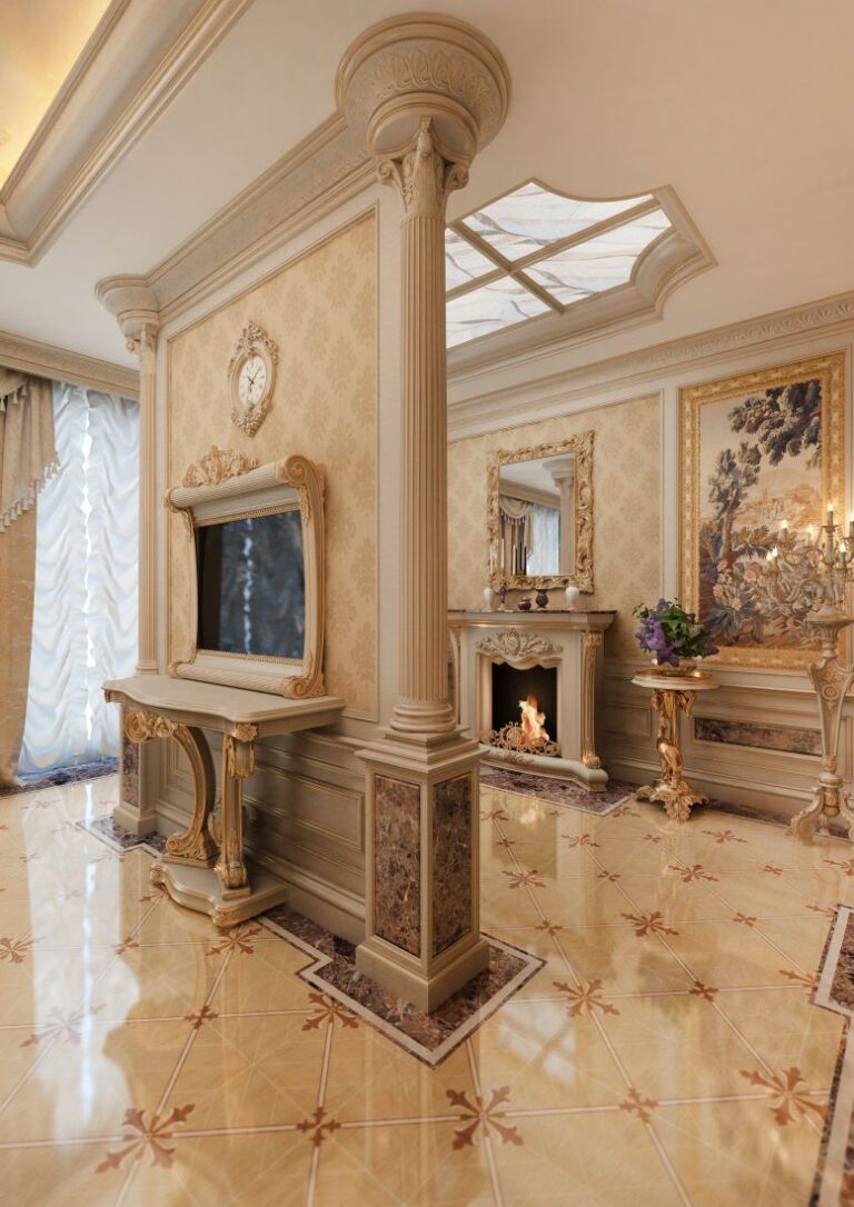 Фигурная перегородка со столиком для телевизора в интерьере спальни