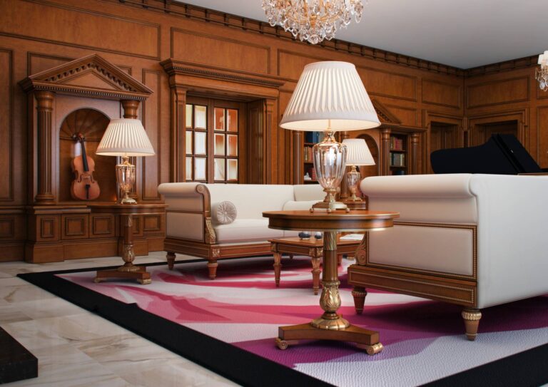 Оформление настольными лампами со стеклом интерьера классической гостиной