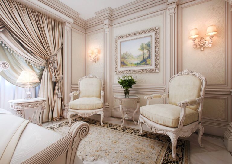 Дизайн спальни с портьерными шторами