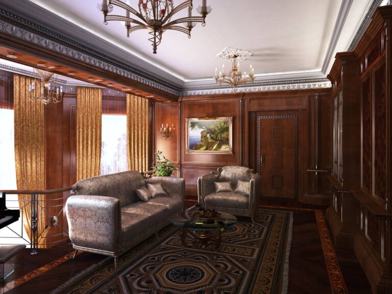 Мебель с серебристой обивкой в дизайне темной гостиной