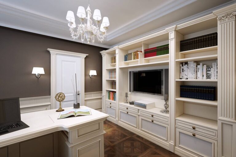 Фото темного дизайна кабинета со светлыми дверью и мебелью