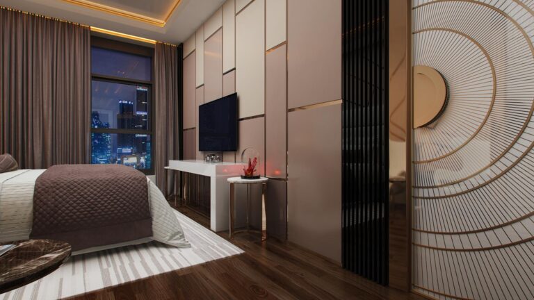 Декор стен спальни кожаными панелями с металлическими блестящими вставками