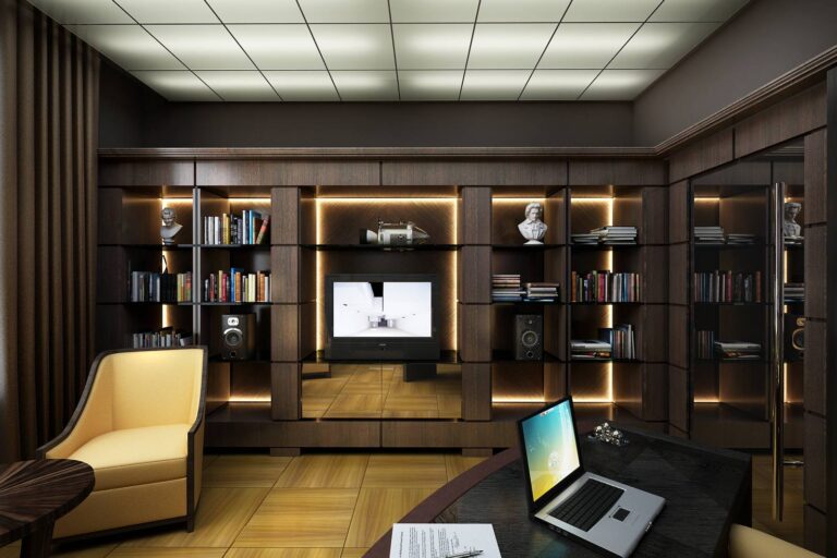 Интерьер кабинета с подсвеченным серым потолком