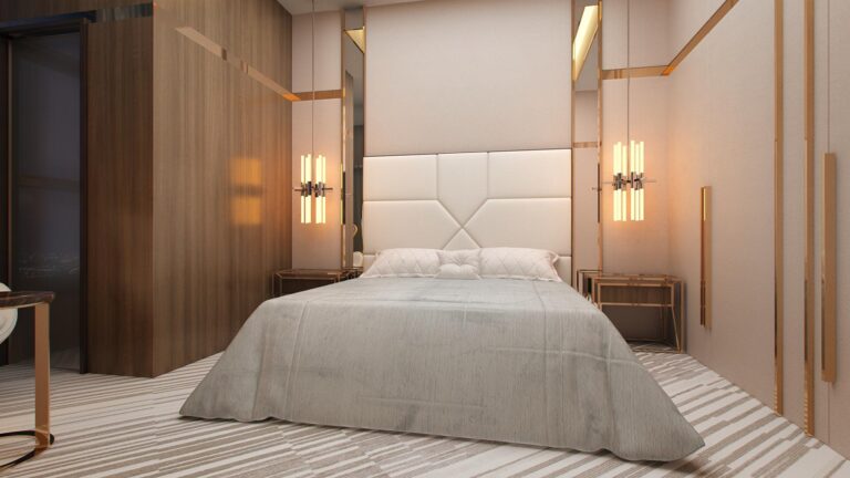 Светло-коричневый дизайн узкой спальни