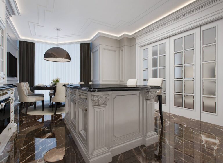 Оформление кухни с глянцевым коричневым полом из камня