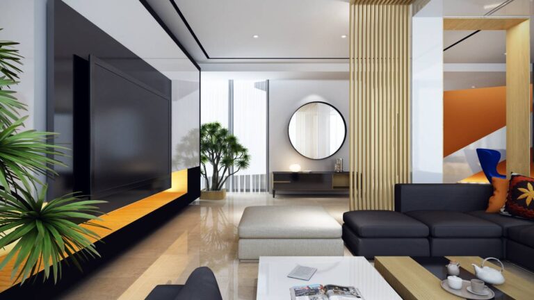 Черная панель для ТВ в интерьере современной гостиной