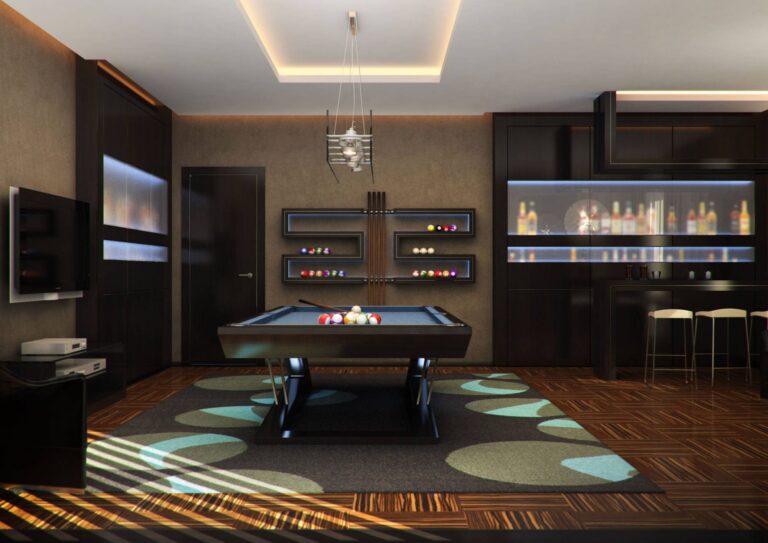 Выразительный дизайн бильярдной с оригинальным шкафом для шаров