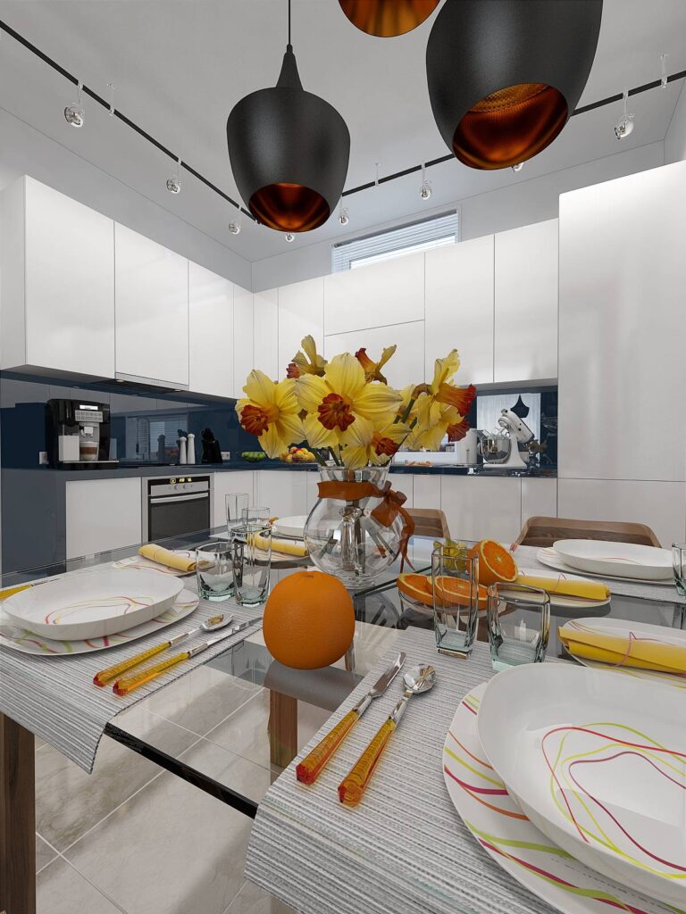 Современная кухня со стеклянным обеденным столом