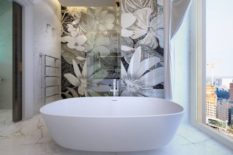 Бежевая мозаика в интерьере ванной