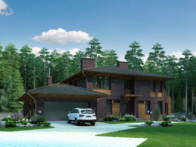 Фасад в сочетании красного, темно - зеленого и орехового оттенков