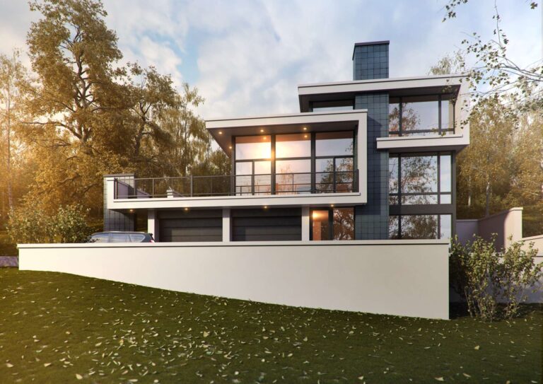 Французские окна и балкон в левом фасаде коттеджа в белой отделке и серой плитке