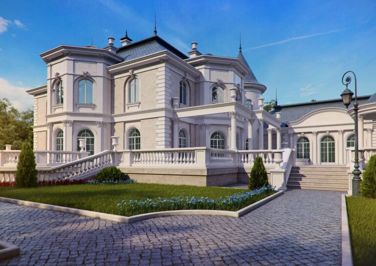 Левый фасад дома из светло-серого кирпича с террасой и колоннадой