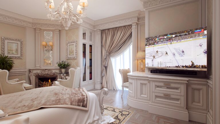 Белая спальня с угловым резным камином