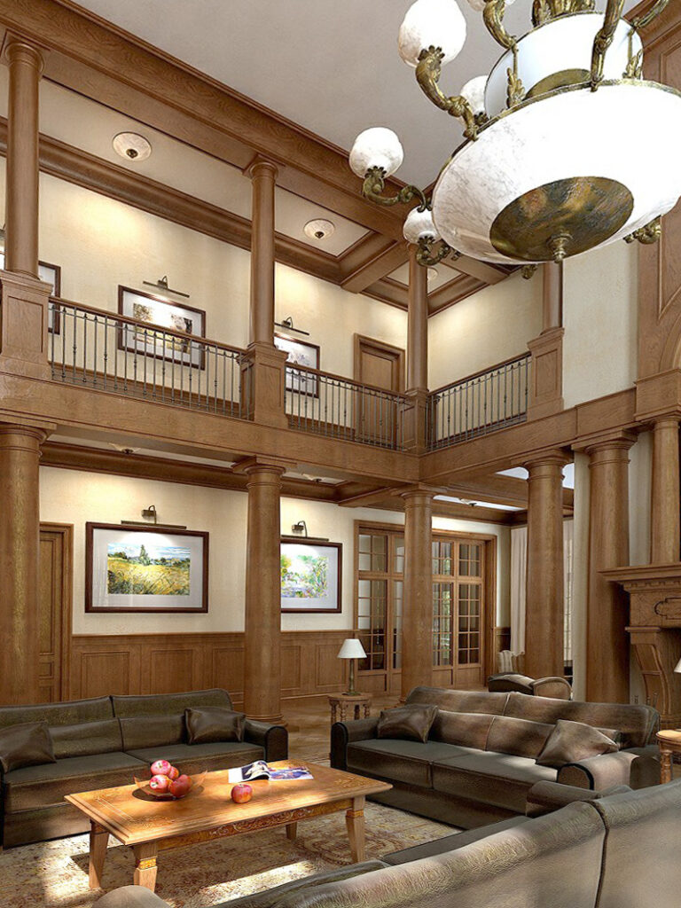 Классический интерьер гостиной со множеством картин на стенах