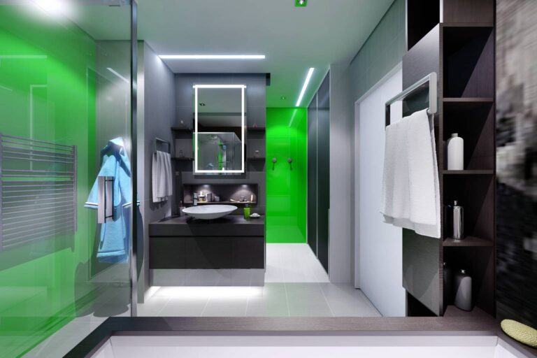 Изумрудный тон с серебристом дизайне интерьера ванной