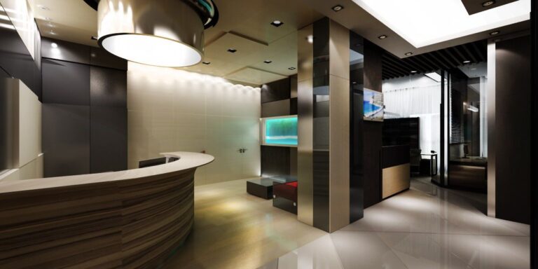 Дизайн ресепшн в офисе в бежево-коричневом цвете