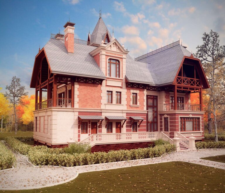 Фасад дома с оформлением в белом и красных цветах