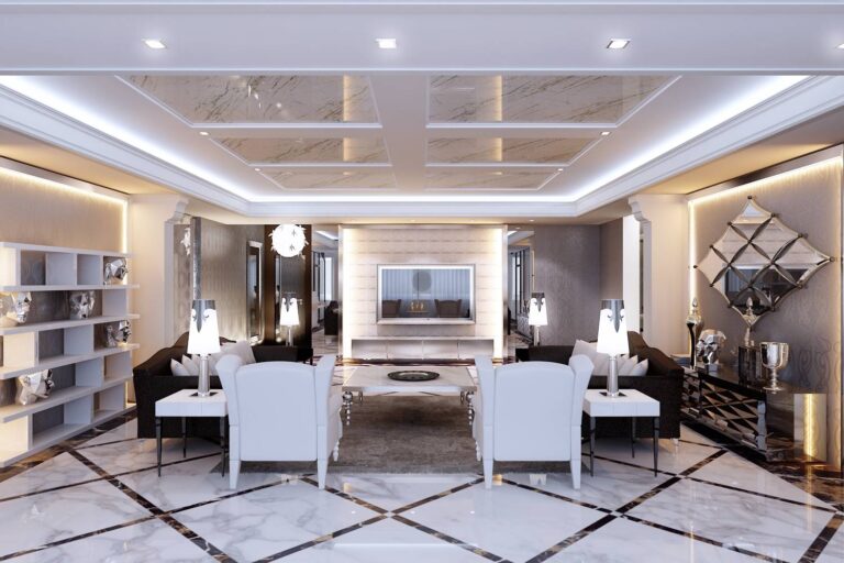 Серебристые детали в белом дизайне гостиной