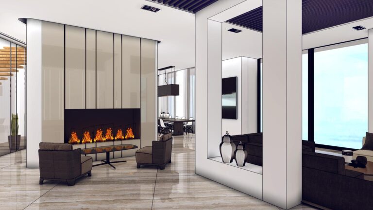 Эскиз интерьера современной гостиной в черных, белых и серых цветах