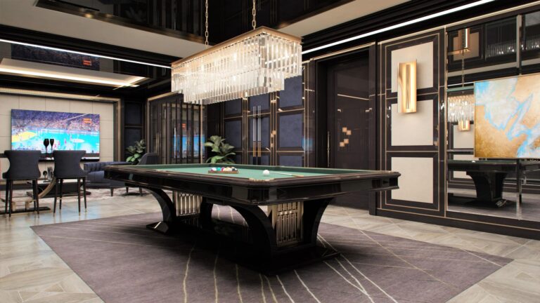 Дизайн бильярдной со столом на декорированных опорах