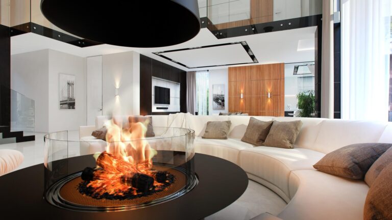 Интерьер гостиной с большим круглым камином