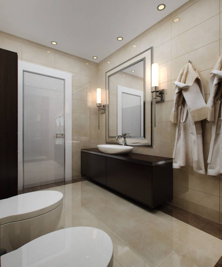 Спокойный дизайн санузла с коричневыми акцентами