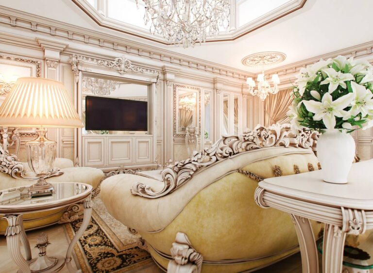 Резные панели в потрясающем интерьере гостиной