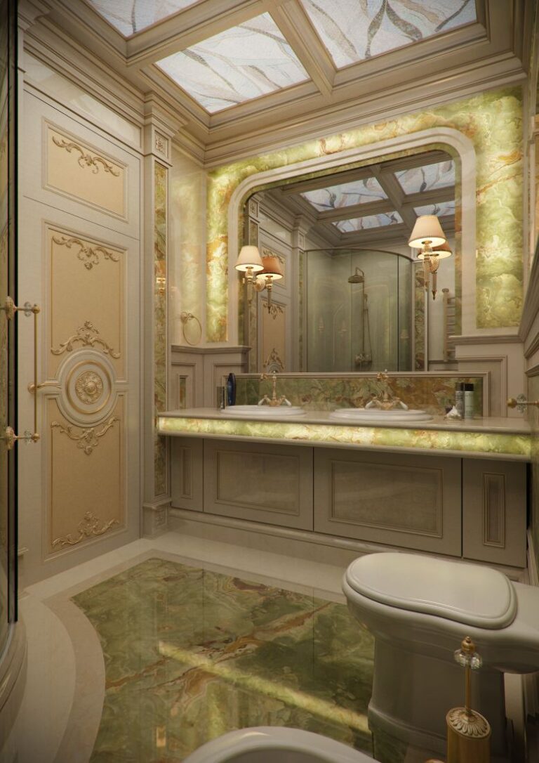 Классический дизайн санузла в песочно-зеленых тонах