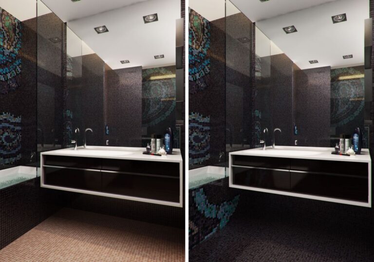 Раковина в черно-белых тонах с большим зеркалом в дизайне ванной