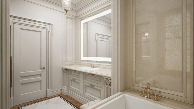 Ванная комната с большим зеркалом и встроенной овальной раковиной