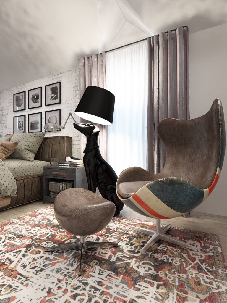 Спальня с монолитным фигурным кожаным креслом, дополненным пуфом