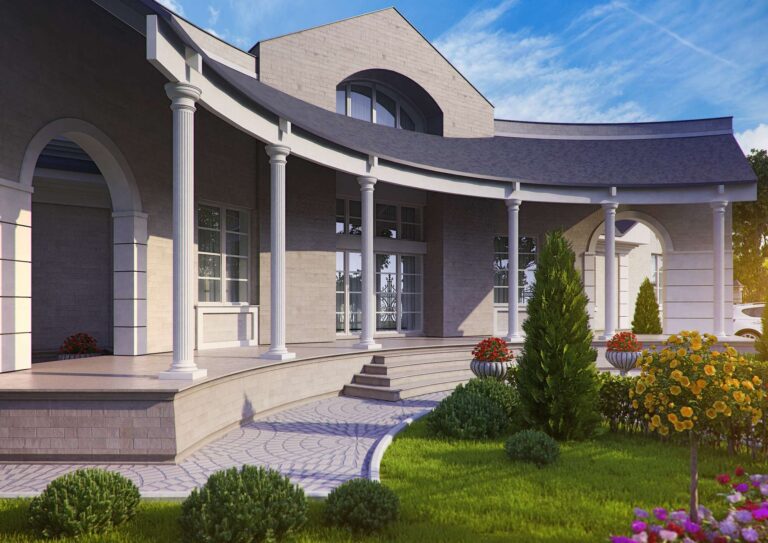 Колоннада в фасаде загородного дома из серого кирпича