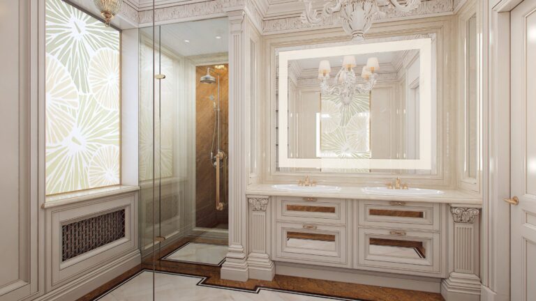 Резной декор и ореховые акценты в дизайне белого классического санузла