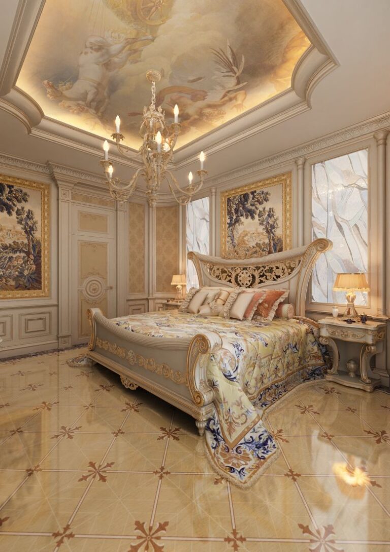 Высокие окна с матовым рисунком в дизайне спальни