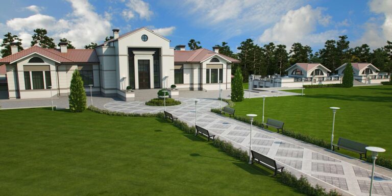 Дизайн прилегающего к дому участка и внутренний фасад особняка