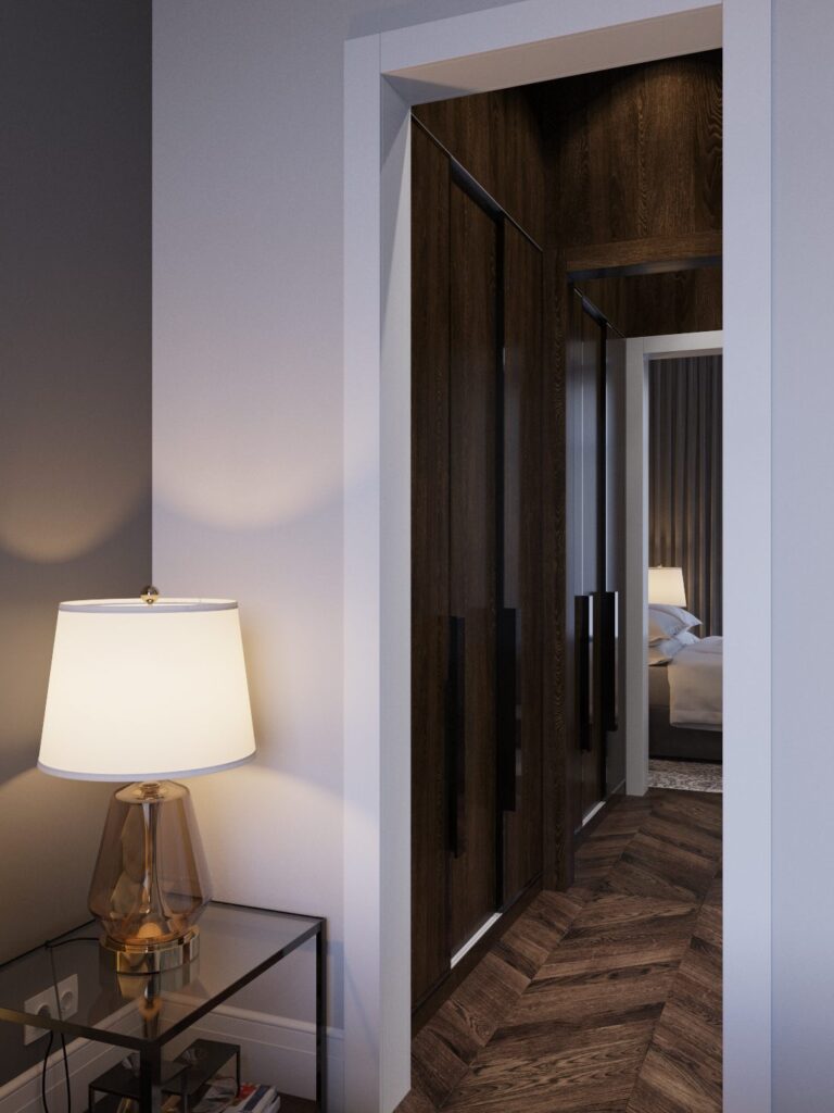 Дизайн спальни с открытой стеклянной тумбой