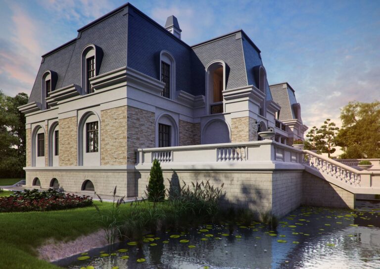 Открытая терраса и окна в арочных нишах на правом фасаде особняка