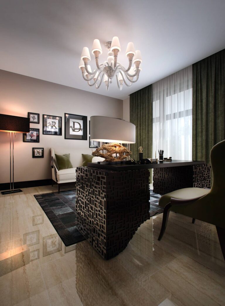 Изысканный интерьер кабинета с паспарту на стене