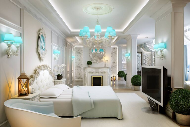 Голубые светильники в дизайне белой спальни