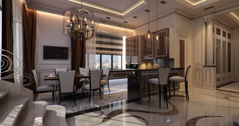 Коричневые шторы и мебель в дизайне светлой столовой