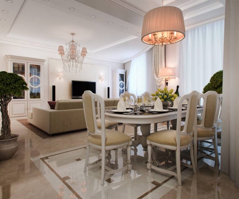 Дизайн совмещенной столовой в бело-бежевых тонах