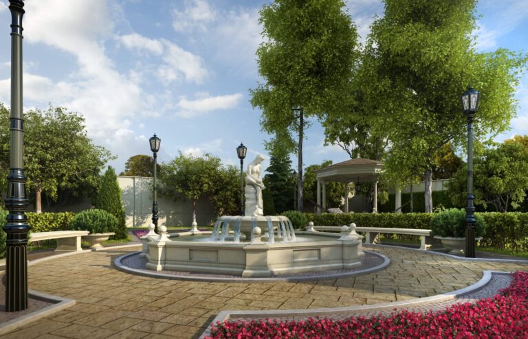 Скамейки возле фонтана с нимфой на придомовой территории