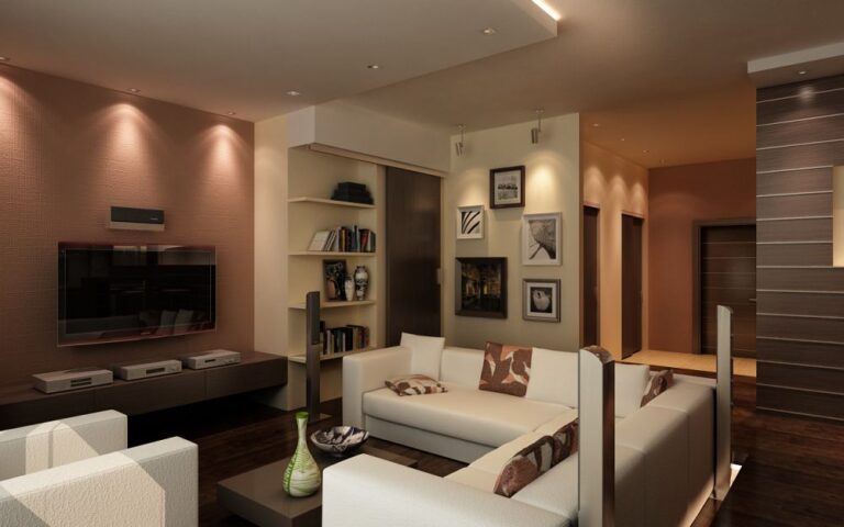 Коричневый и бежевый цвета в дизайне гостиной