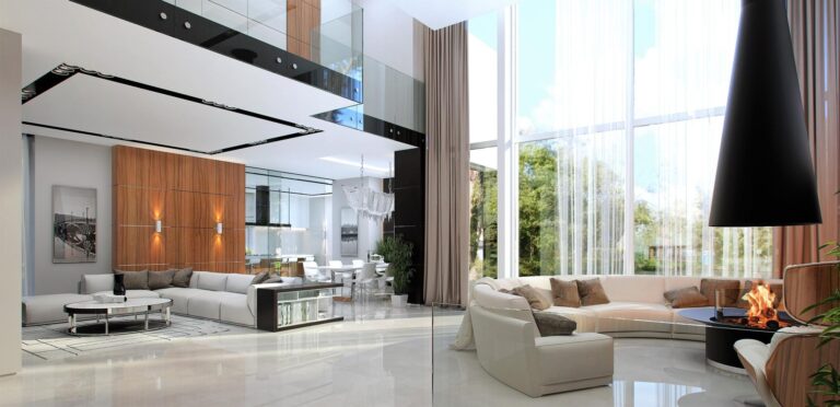 Открытая гостиная с белым интерьером