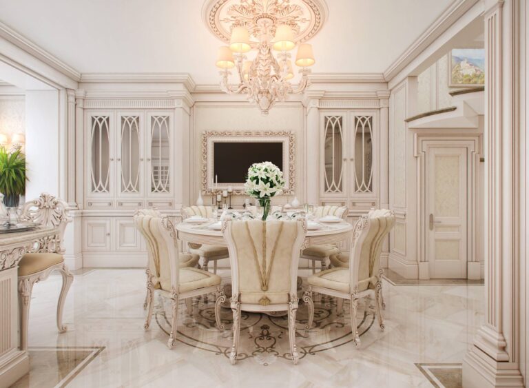 Мягкие кресла и круглый стол в дизайне столовый