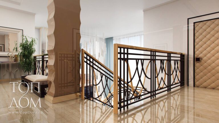 Перила темного и золотистого цветов в дизайне лестницы