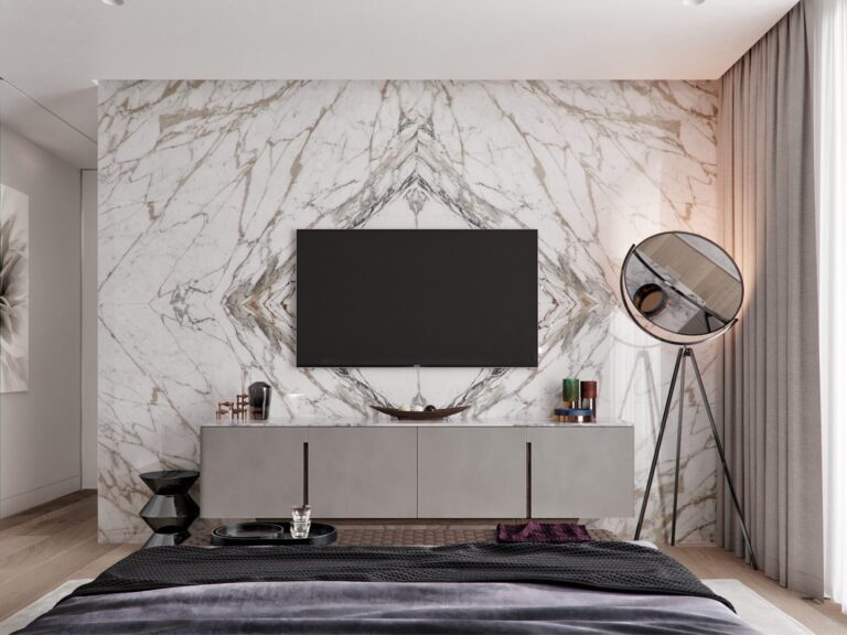 Бело-серые мраморные стеновые панели в дизайне спальни