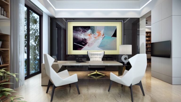 Полированный бежевый стол в дизайне современного кабинета